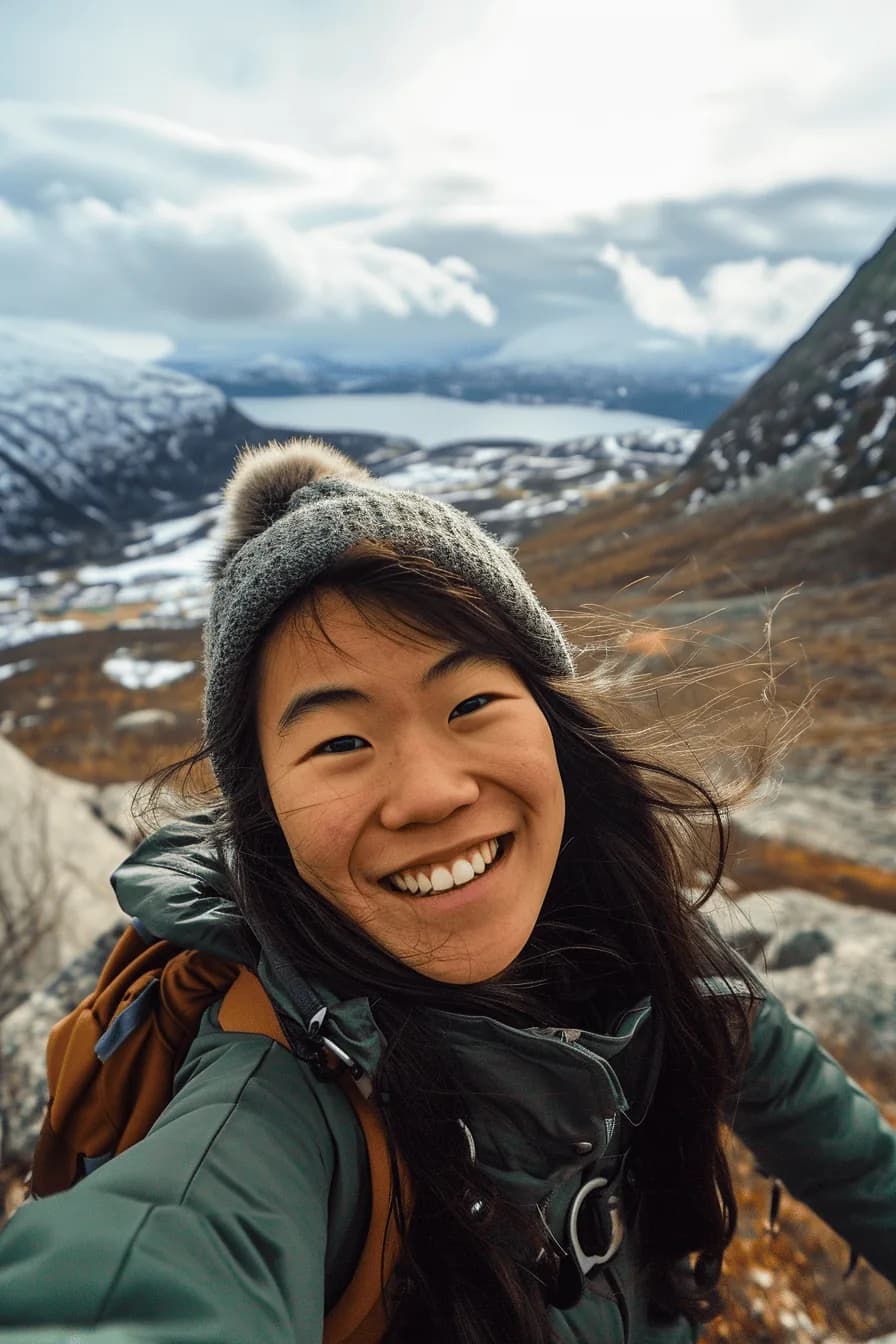 Portrettfotografi av en ung kvinne med langt blondt hår og et behagelig smil, iført en lys sommerkjole, med en myk uskarp naturlig bakgrunn.