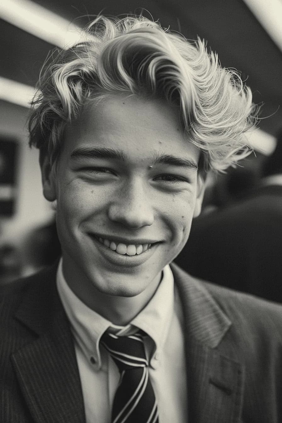 Forretningsportrett av en ung mann med blondt hår, iført dress og slips, som smiler i et kontormiljø.