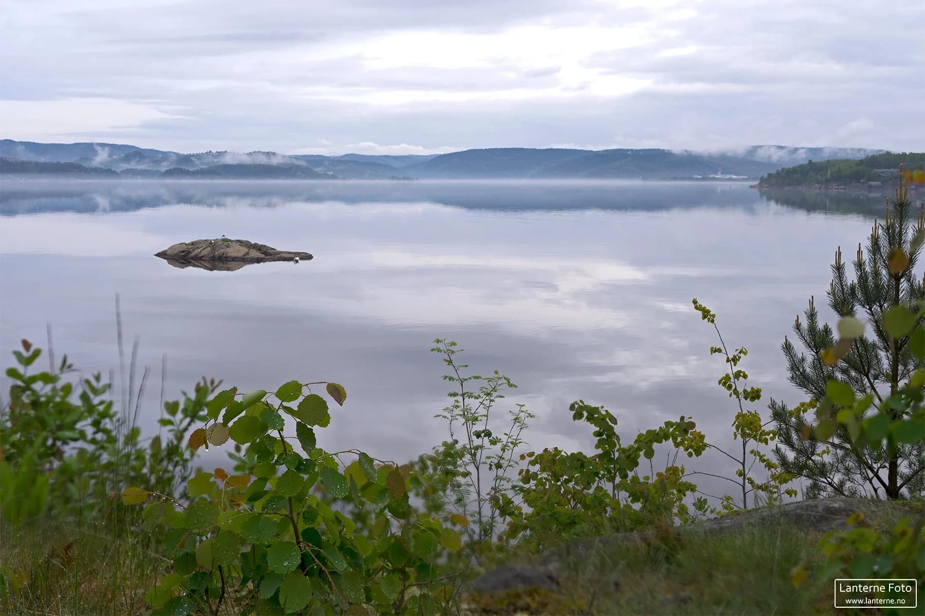 Topdalsfjorden i blank stille med morgentåke og skogkledde åser